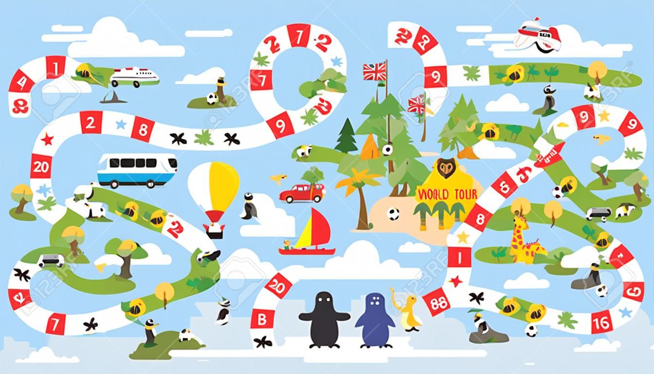 Vector flat style illustration of kids world tour board game template. For print.
