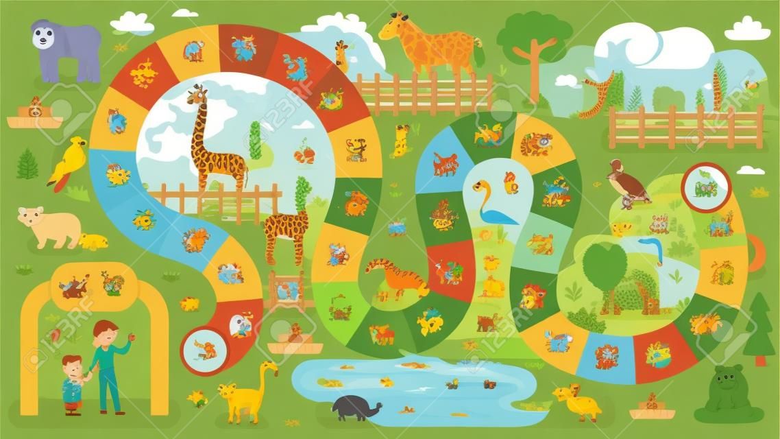 儿童动物园动物棋盘游戏模板的矢量平面样式图用于打印。