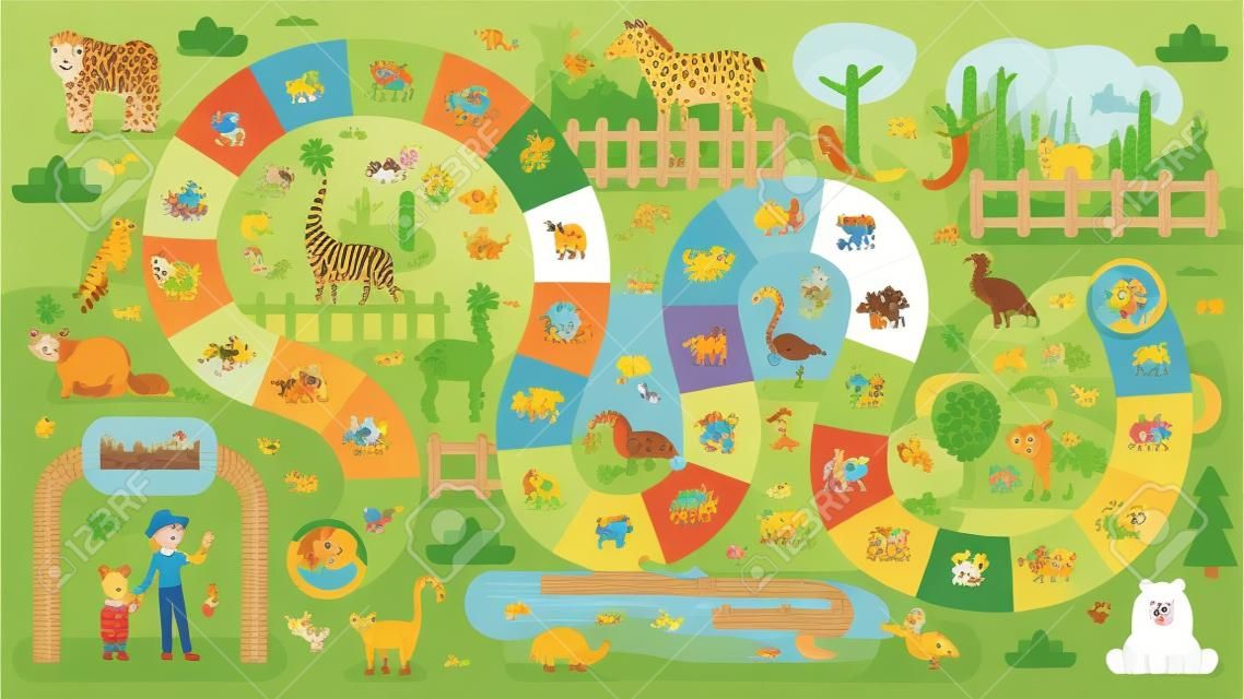 儿童动物园动物棋盘游戏模板的矢量平面样式图用于打印。