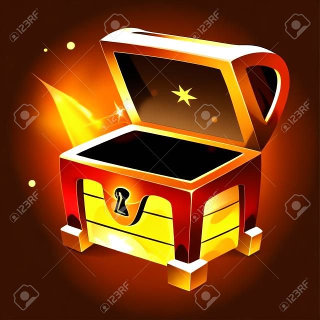 Vector cartoon style illustration of open shining treasure chest. Isolated on dark background. Game user interface (GUI) element for video games, computer or web design.