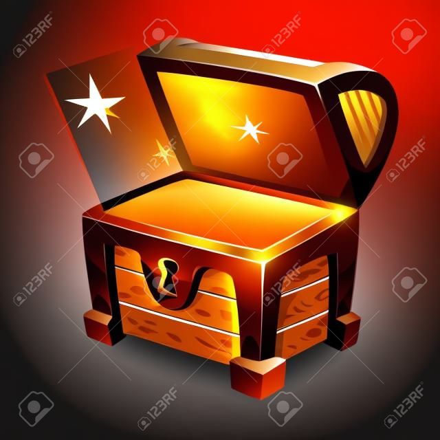 Vector cartoon style illustration of open shining treasure chest. Isolated on dark background. Game user interface (GUI) element for video games, computer or web design.