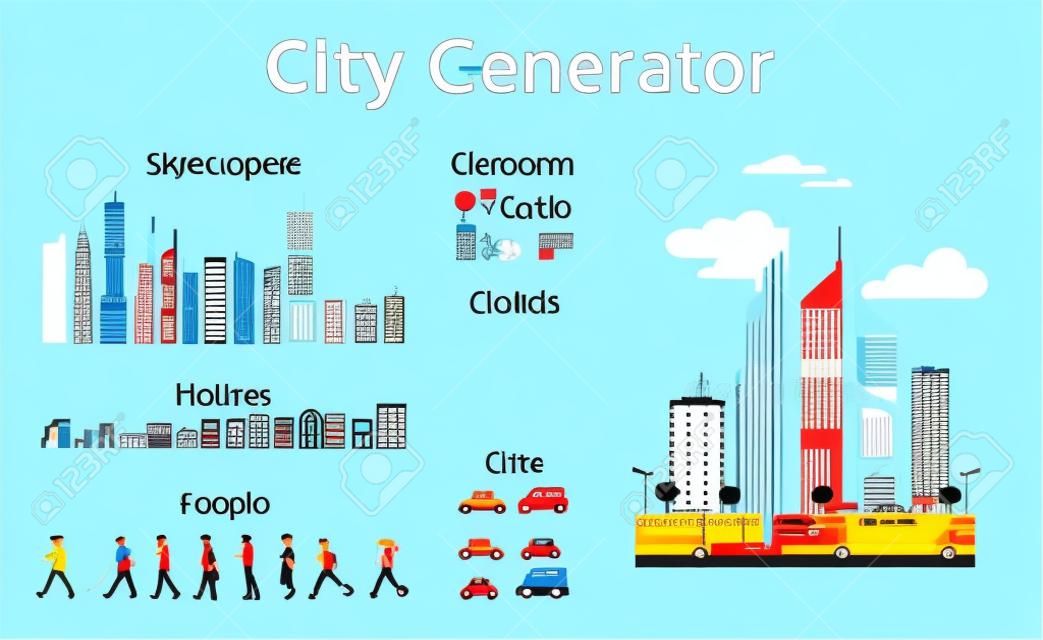 矢量卡通風格的城市發電機與摩天大樓，房屋，汽車，人和物體。城市天際線。現代摩天大樓和城市交通。