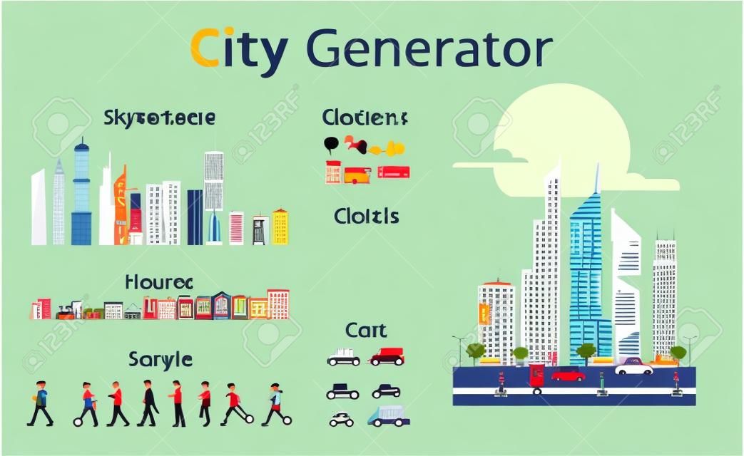 矢量卡通風格的城市發電機與摩天大樓，房屋，汽車，人和物體。城市天際線。現代摩天大樓和城市交通。