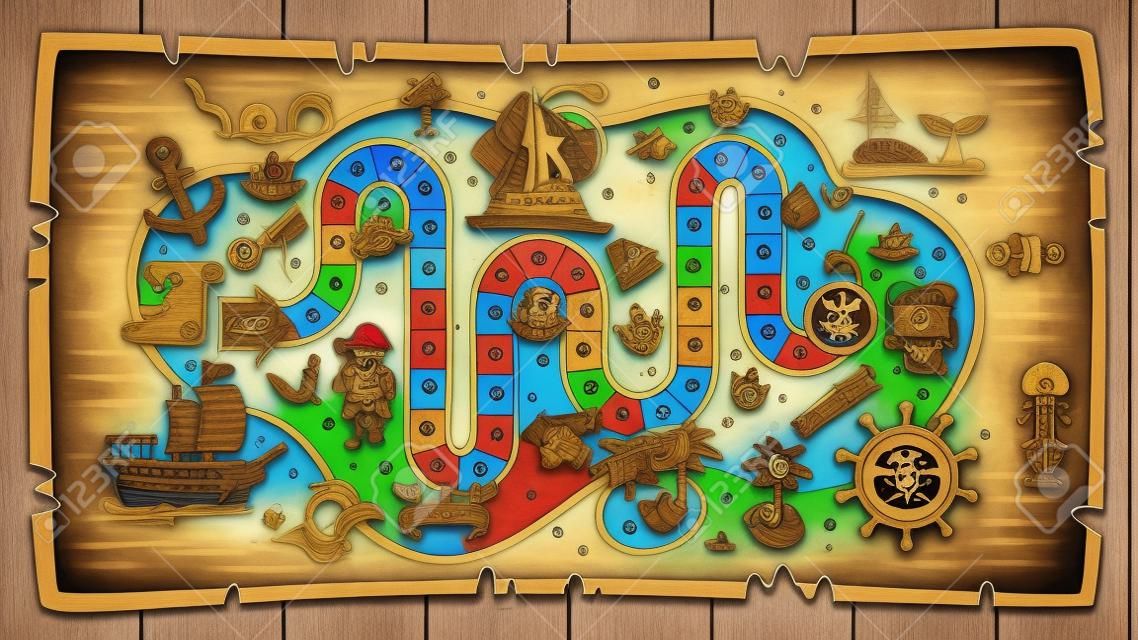 Ilustración coloreada de la plantilla del juego de mesa pirata.