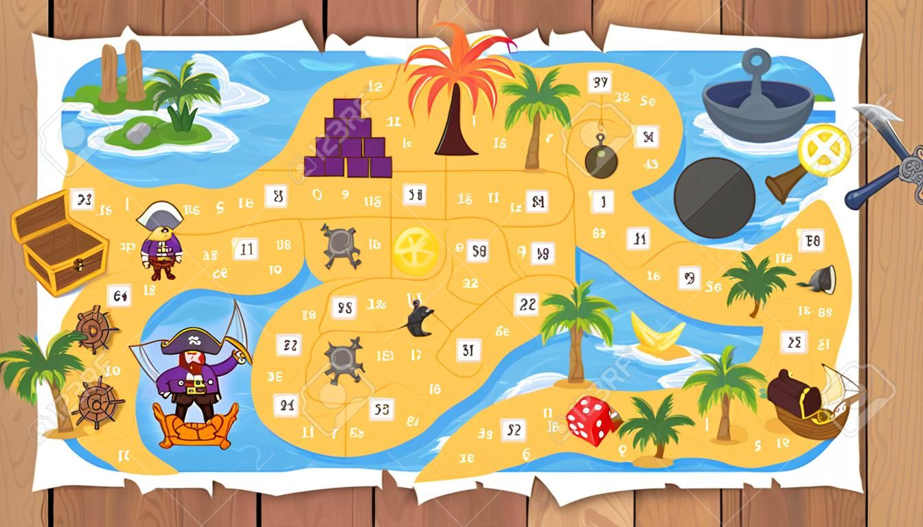 Colored illustration of pirate board game template.