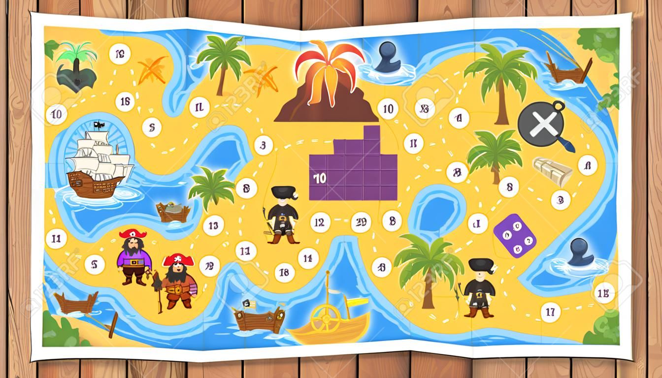 Ilustração colorida do modelo de jogo de tabuleiro pirata.
