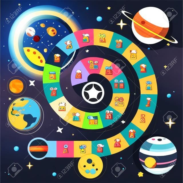Cartoon style illustration of kids space board game template. For print square composition.