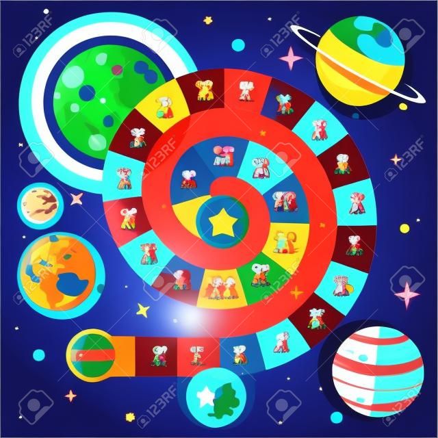 Cartoon style illustration of kids space board game template. For print square composition.