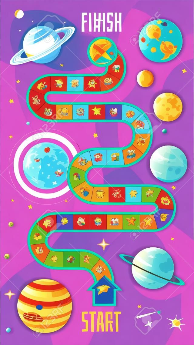 Vector cartoon style illustration of kids space board game template. For print. Horizontal composition
