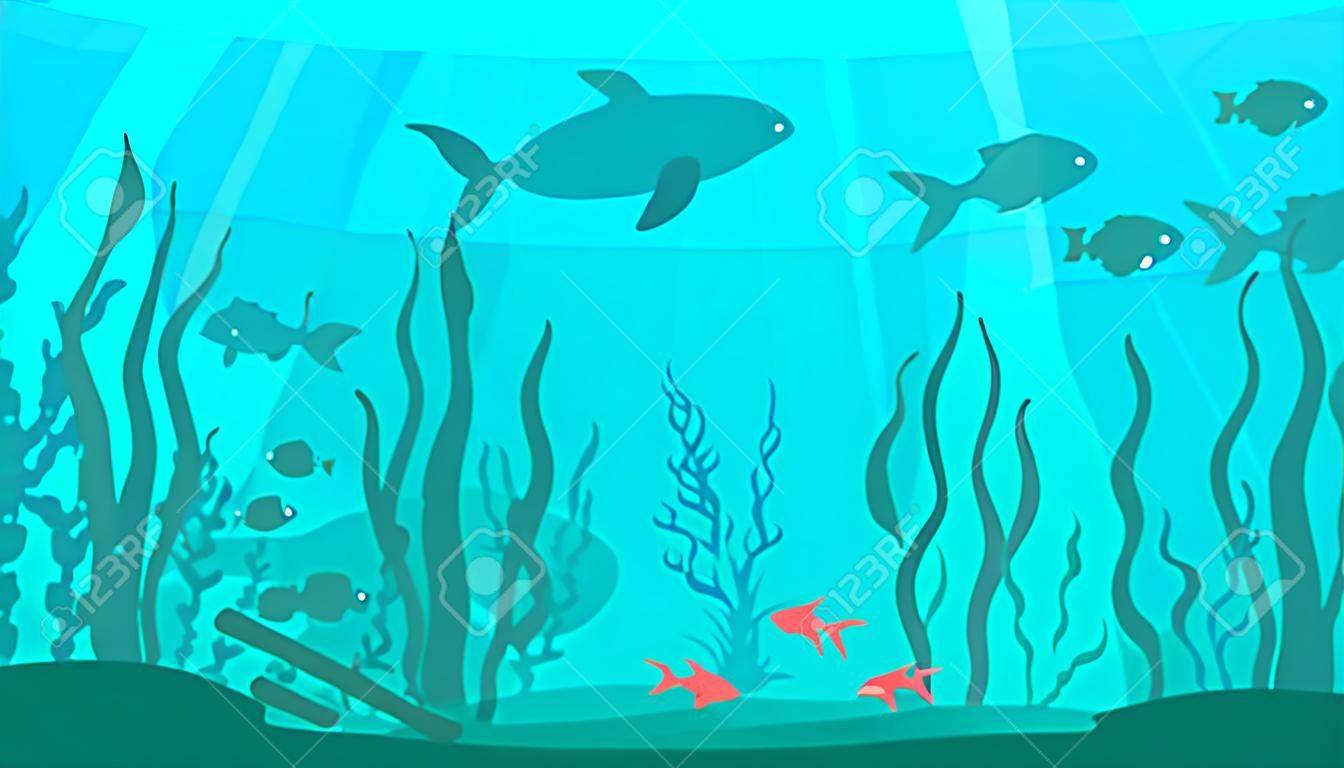 Vector cartoon style underwater background with sea flora and fauna. Coral reef, sea plants and fishes silhouettes. Horizontal background. Ready for parallax effect for web, games and animation.