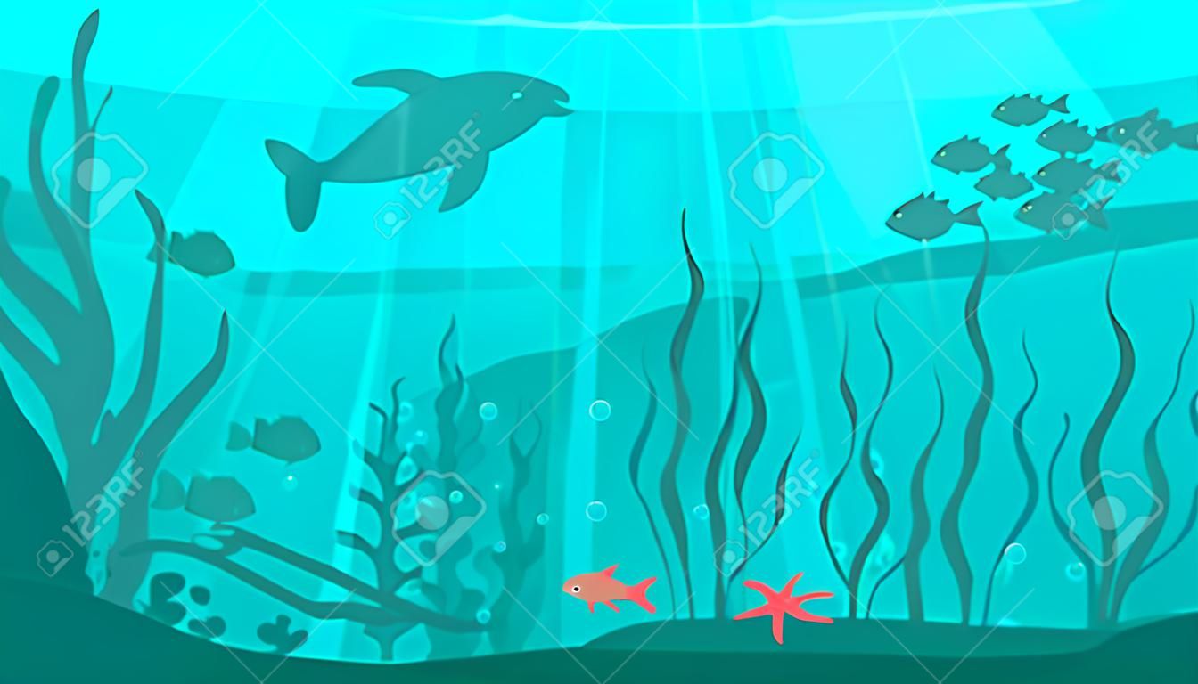 Fondo subacqueo di stile del fumetto di vettore con flora e fauna del mare. Sagome di barriera corallina, piante marine e pesci. Sfondo orizzontale. Pronto per l'effetto parallasse per web, giochi e animazioni.