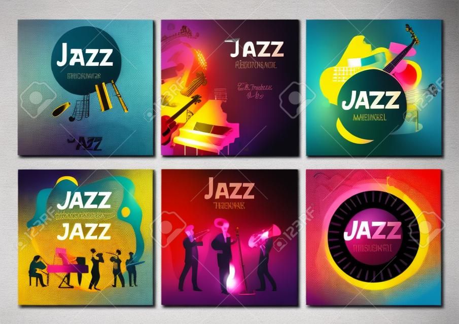 Tło plakatu jazzowego. wektor zestaw szablonów na imprezę festiwalową z instrumentami muzycznymi i postacią piosenkarza. kwadratowa kompozycja.