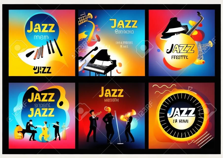Jazz-Plakat-Hintergrund. Vektor-Set-Vorlage für Festival-Event mit Musikinstrumenten und Sänger-Charakter. Quadratische Komposition.