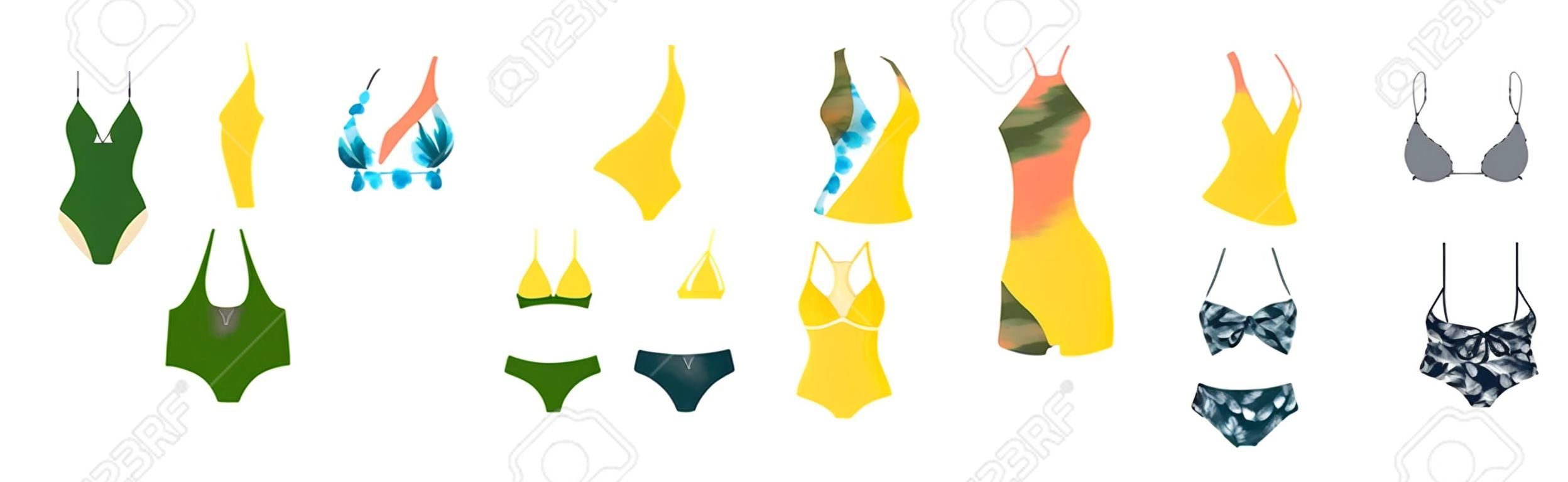 Set of female swimsuit icons. Different types of colorful beachwear silhouettes isolated on white