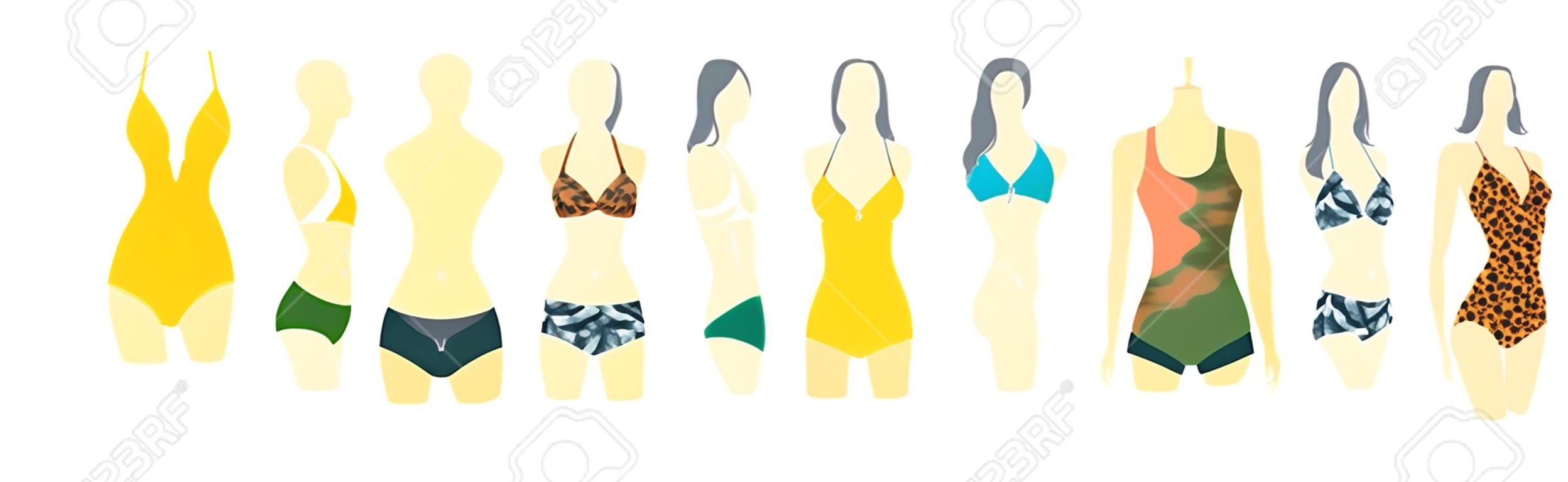 Set of female swimsuit icons. Different types of colorful beachwear silhouettes isolated on white