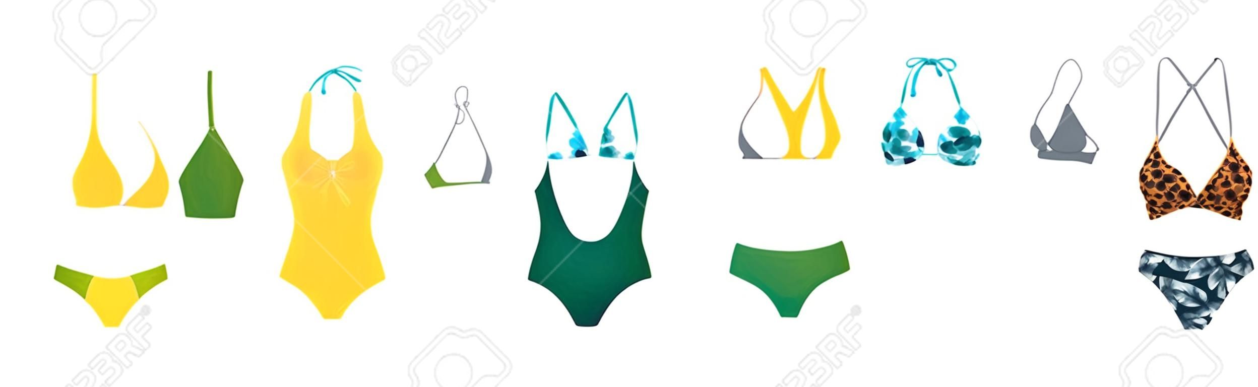 ●女性水着アイコンのセット。白で隔離カラフルなビーチウェアのシルエットの異なるタイプ