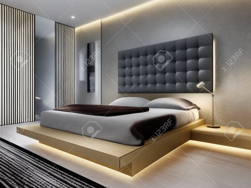 Nice bedroom interior with modern furniture and cozy bed