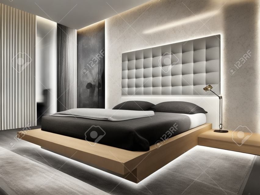 Mooie slaapkamer interieur met moderne meubels en gezellig bed