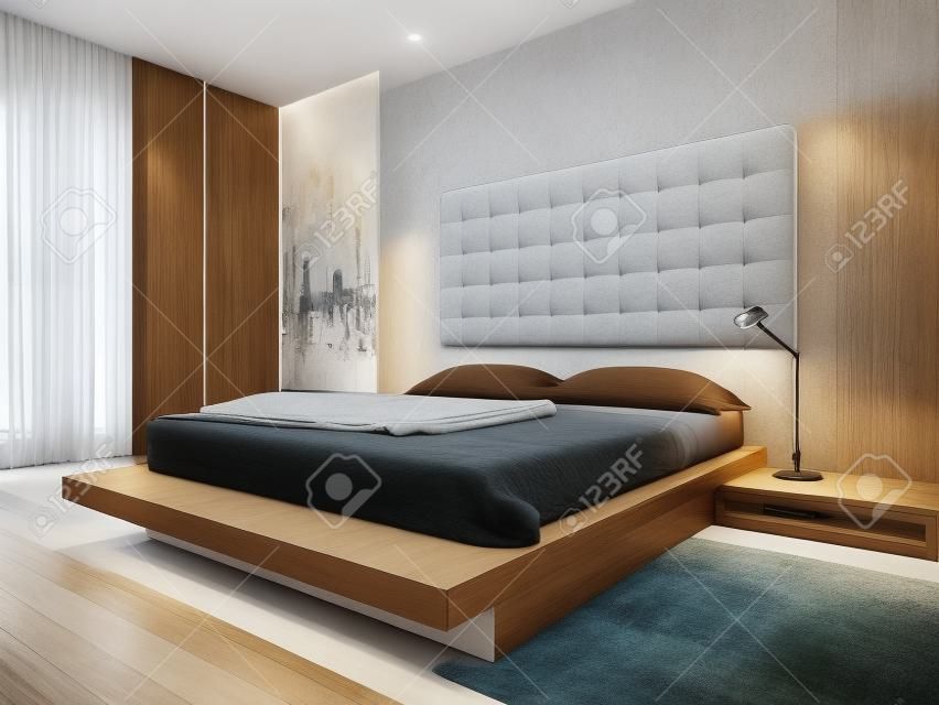 Nice bedroom interior with modern furniture and cozy bed