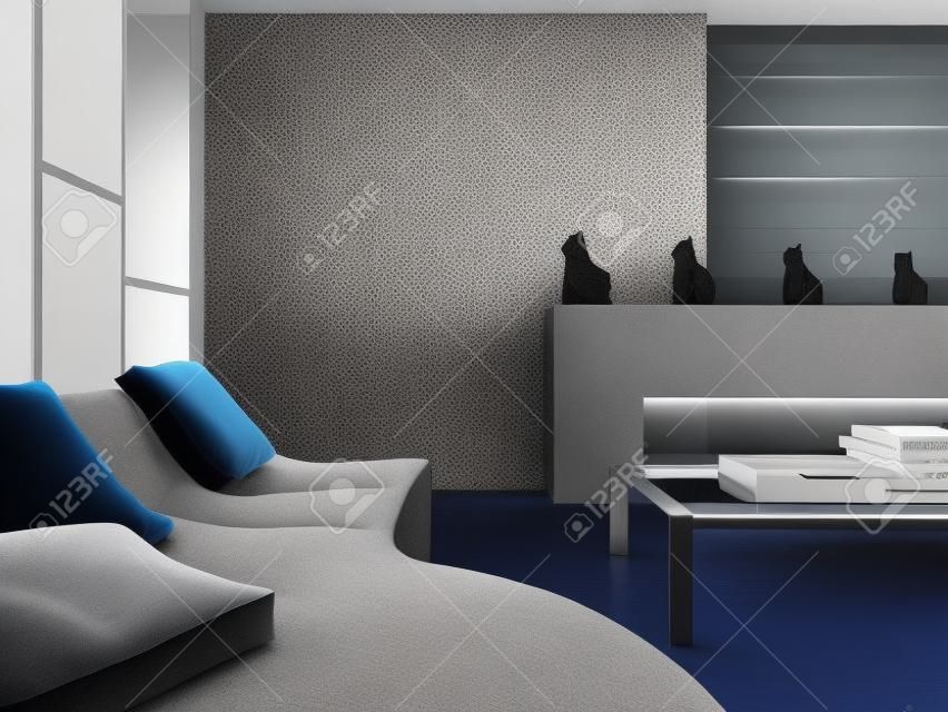Interior da sala de estar de design moderno com sofá cinza e travesseiros azuis