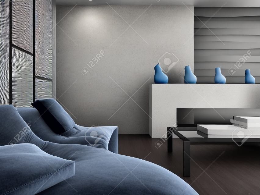 Interior da sala de estar de design moderno com sofá cinza e travesseiros azuis