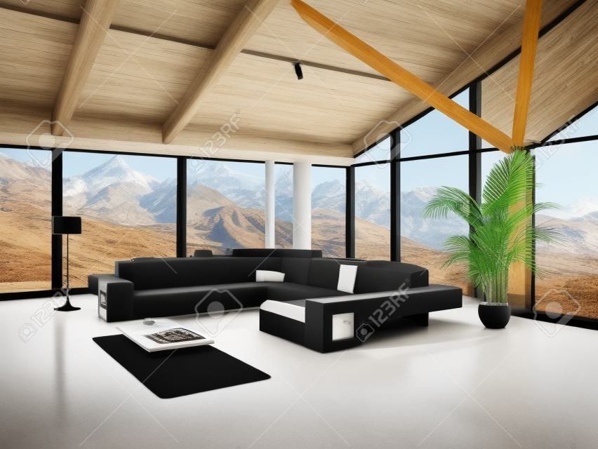 现代阁楼客厅与黑色沙发和山脉查看