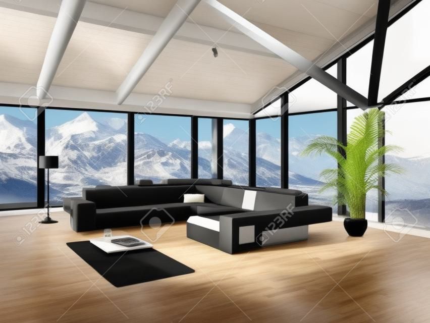 现代阁楼客厅与黑色沙发和山脉查看