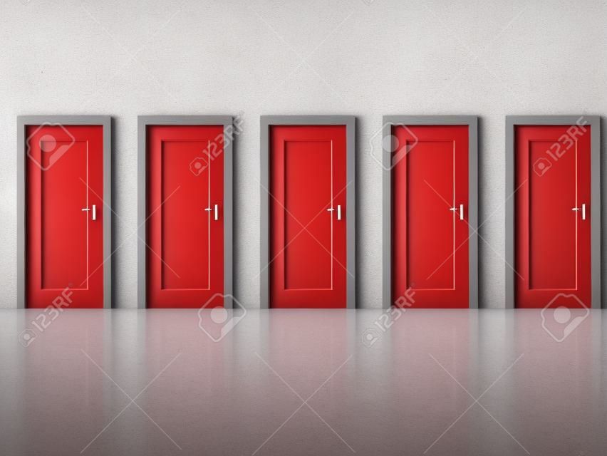Five Similar Style Single Doors, One is Red and Four are White, on Plain Wall Inside an Empty Building.