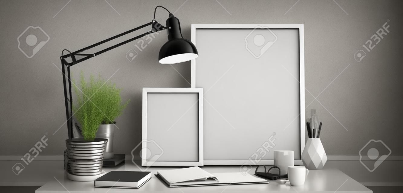 Basit bir modern masa üstünde boş resim çerçeveleri veya açık renkli bir günlüğe sahip yazma masası ve monokromatik siyah beyaz dekor içinde açılıp kapanma lambası, 3d rendering