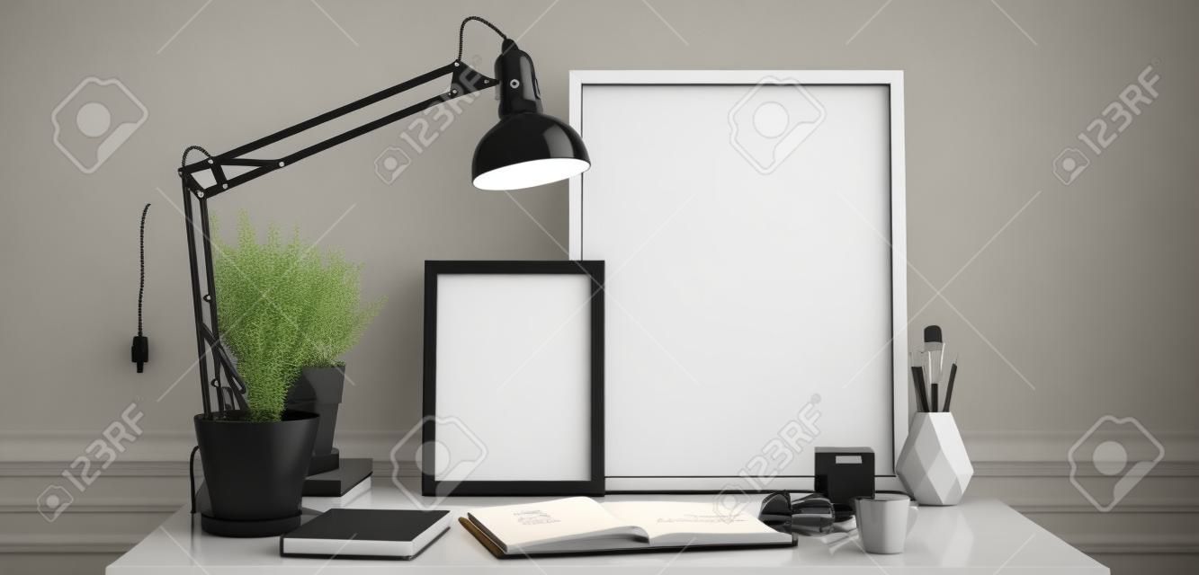 Basit bir modern masa üstünde boş resim çerçeveleri veya açık renkli bir günlüğe sahip yazma masası ve monokromatik siyah beyaz dekor içinde açılıp kapanma lambası, 3d rendering