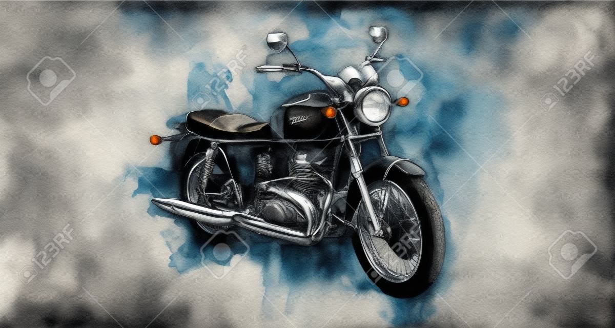 Enkele klassieke motorfiets in grijze verfstreken en platte donkere achtergrond met ruwe druipende schilderachtige effect