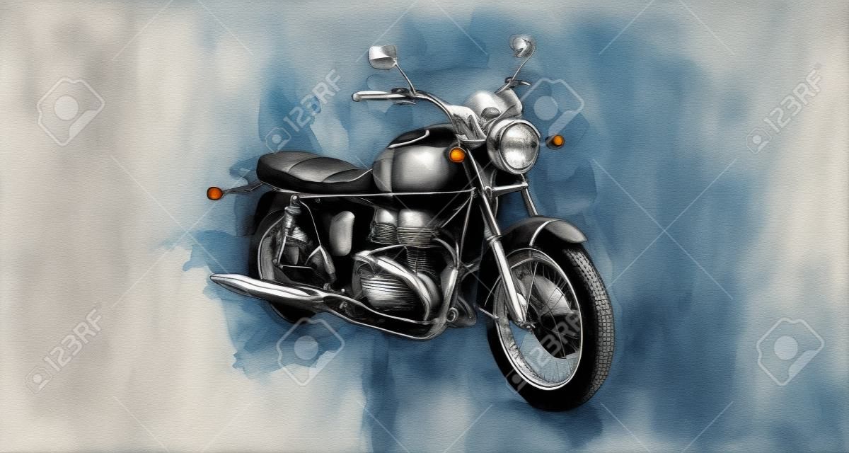 Enkele klassieke motorfiets in grijze verfstreken en platte donkere achtergrond met ruwe druipende schilderachtige effect