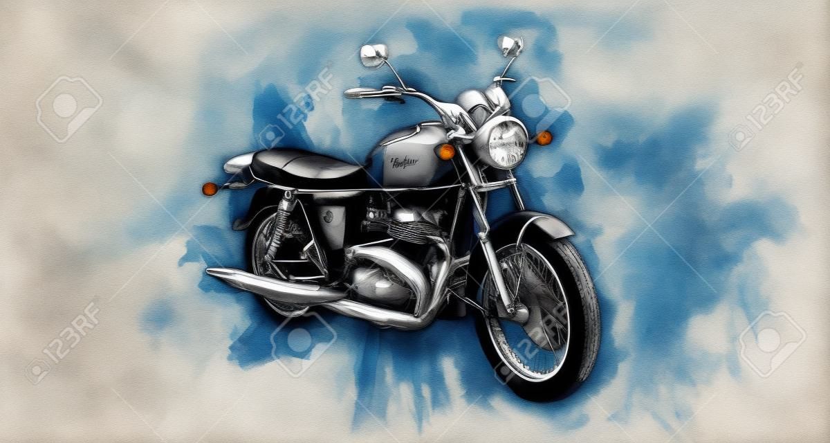 グレー ペイント ストロークとラフ絵画調の滴下でフラット暗い背景の 1 つの古典的なオートバイ バイク