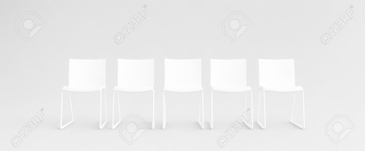 Witte lege stoelen met een geel in het midden staan op rij geïsoleerd op witte achtergrond. Business huren concept. 3d rendering