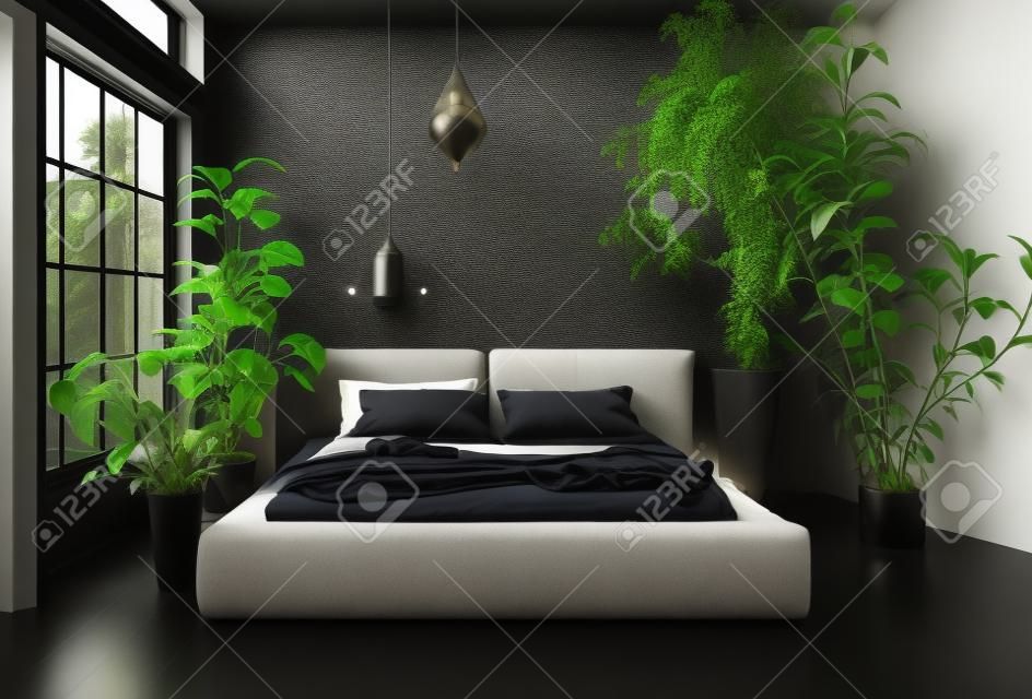 Wide bed in dark room with black walls and floor, tall potted plants and big window - interior design concept. 3d rendering