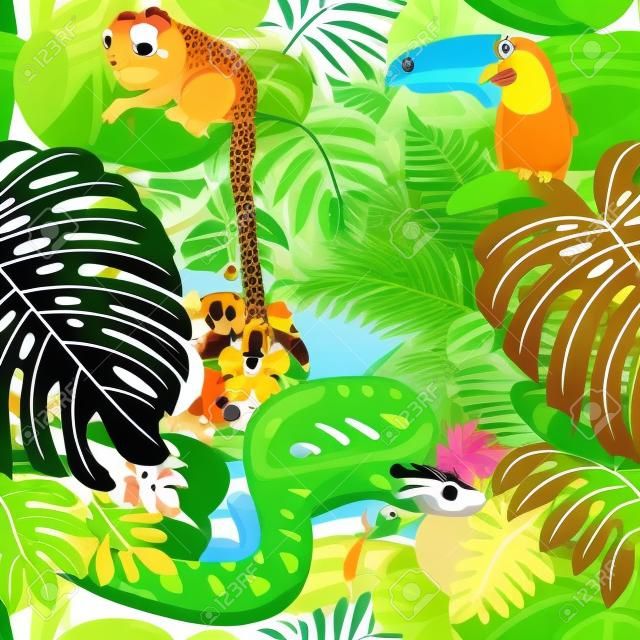 シームレスな熱帯雨林ジャングルを背景の子供たち動物と