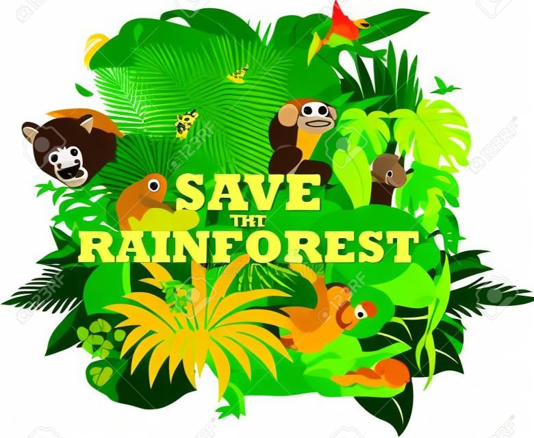 vector illustration with jungle rainforest animals - sloth, quetzal and monkey