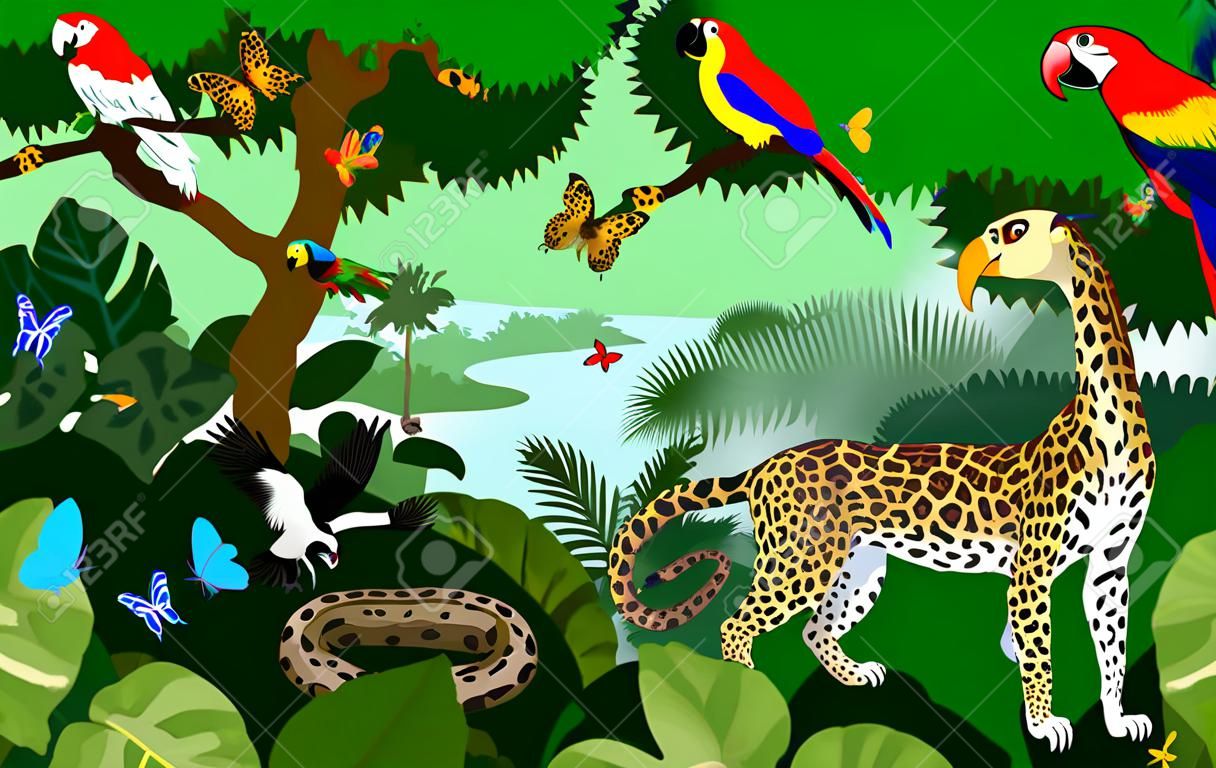 Regenwald mit Tiervektorillustration. Vector grünen tropischen Walddschungel mit Papageien, Jaguar, Boa, Peccary, Harpyie, Affen, Frosch, Tukan, Anakonda und Schmetterlingen.