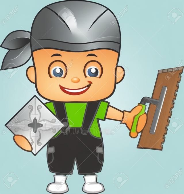 vector cartoon cute kid tiler worker with Notch trowel