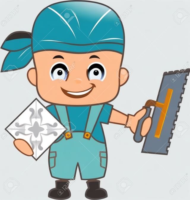 Vektor-Cartoon niedlicher Kind Fliesenleger Arbeiter mit Kerbe Kelle