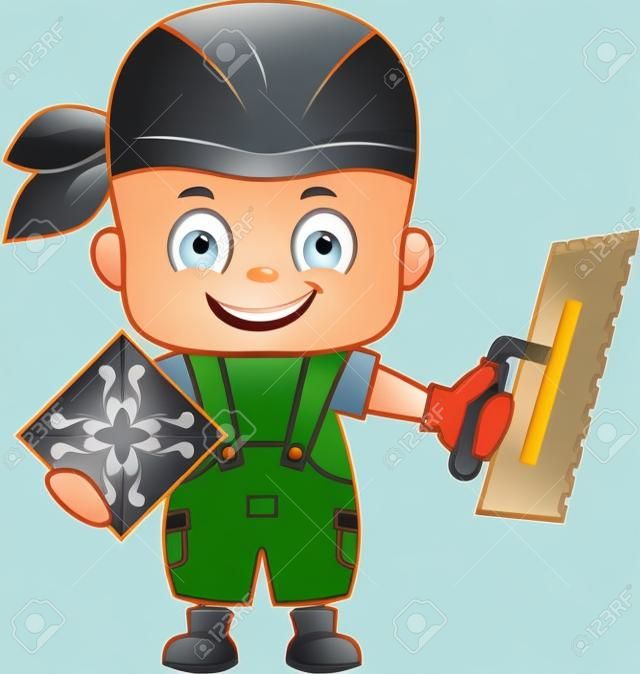vector cartoon cute kid tiler worker with Notch trowel