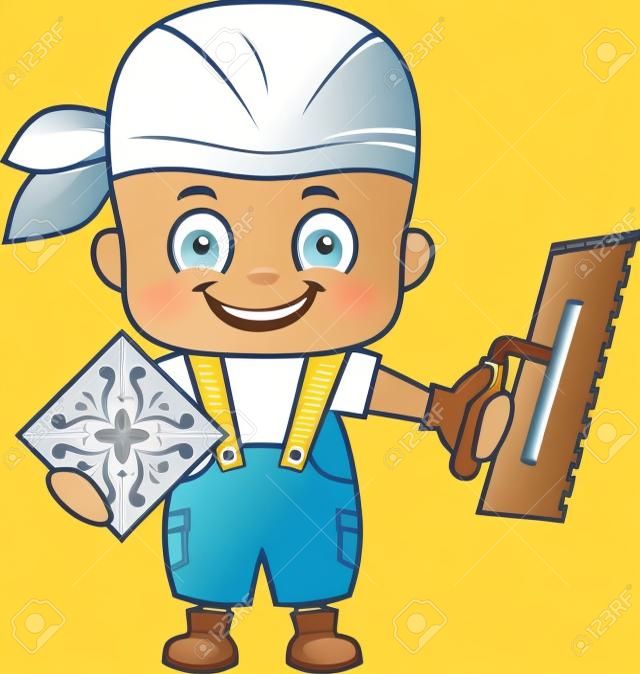 Vektor-Cartoon niedlicher Kind Fliesenleger Arbeiter mit Kerbe Kelle