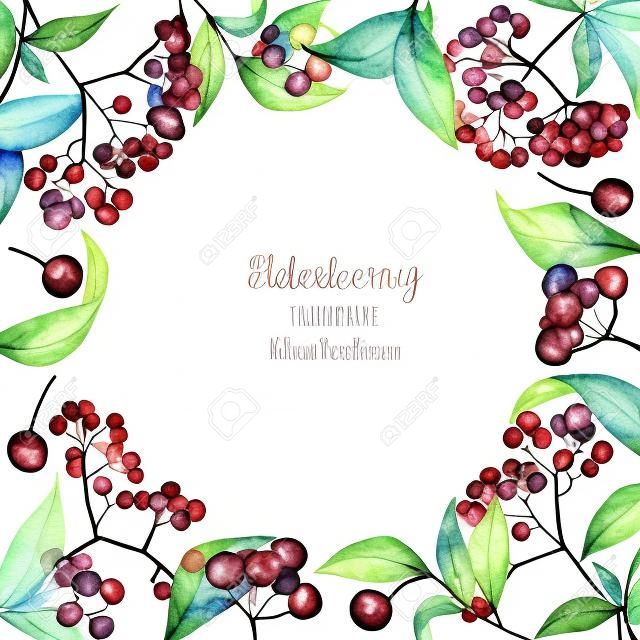 Card template with watercolor of elderberry branches, frame border background, hand painted on a white background