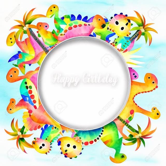 かわいい水彩恐竜フレーム、丸い境界線、白い背景に手描きの子供のイラスト、誕生日カードのデザイン