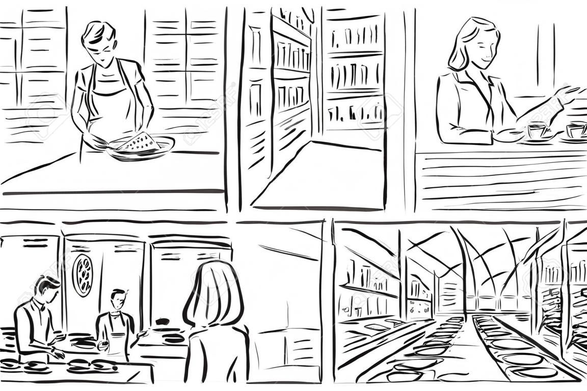 Storyboard with grocery, cafe