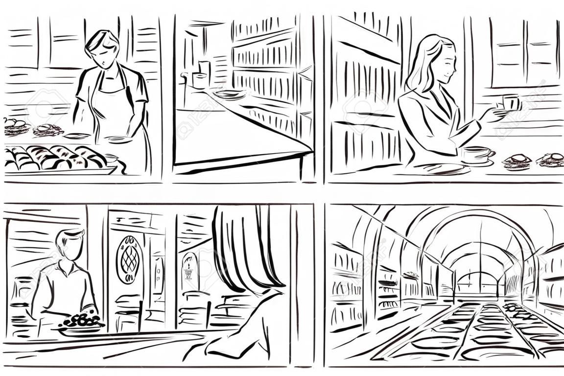 Storyboard with grocery, cafe