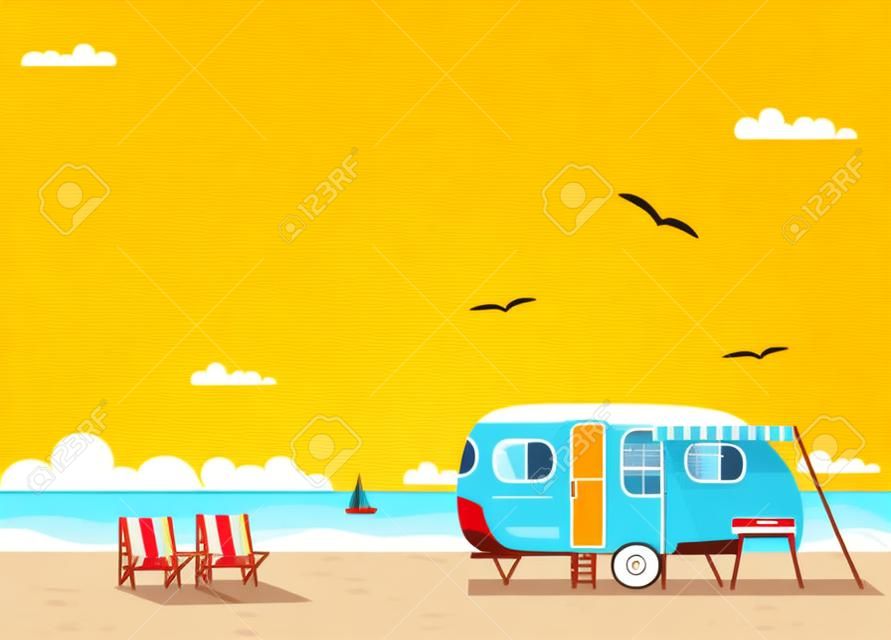 Ретро караван на пляже, летние каникулы, векторные иллюстрации, ретро фон