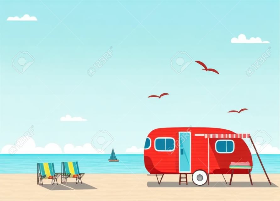 Caravana retra en la playa, vacaciones de verano, ilustración vectorial, fondo retro