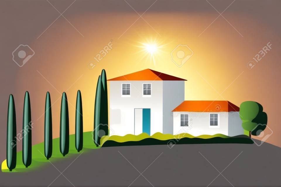Vector Stylized illustration of a house in sunlight with tree