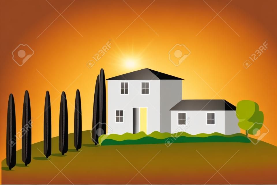 Vector Stylized illustration of a house in sunlight with tree